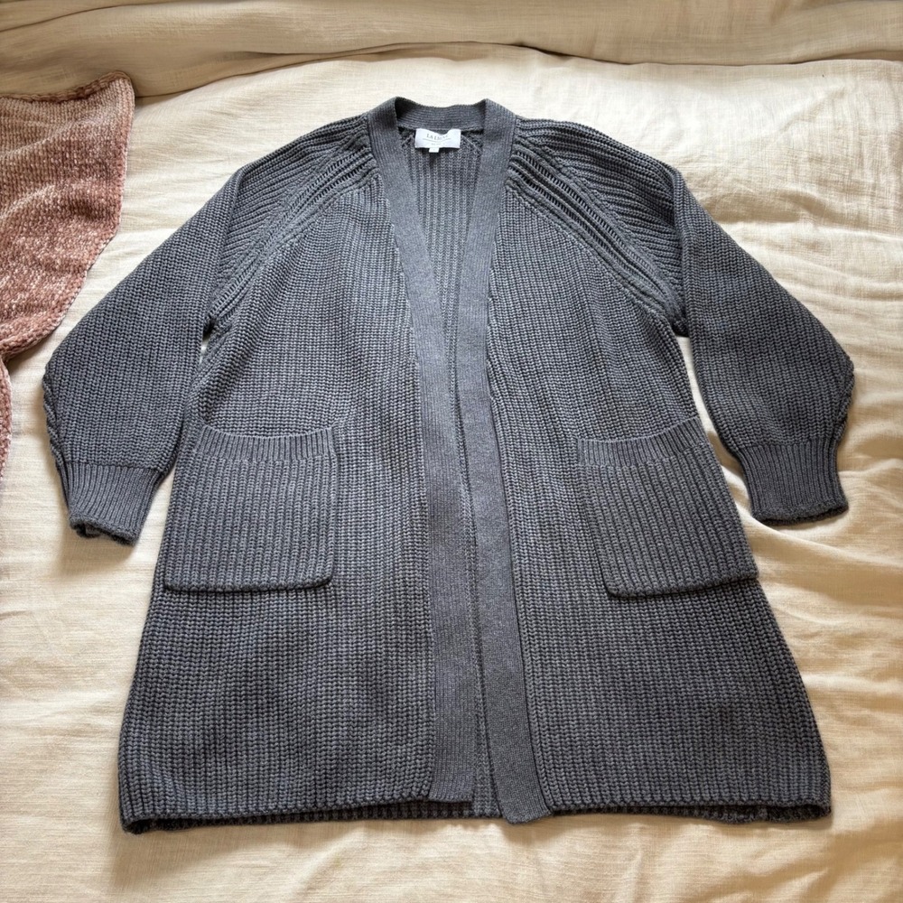 La Ligne Charcoal Grey Merino Wool Cotton Shaker Knit Open Front Cardigan Small